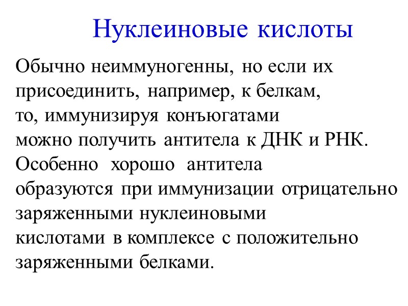 Нуклеиновые кислоты Обычно неиммуногенны, но если их присоединить, например, к белкам,  то, иммунизируя